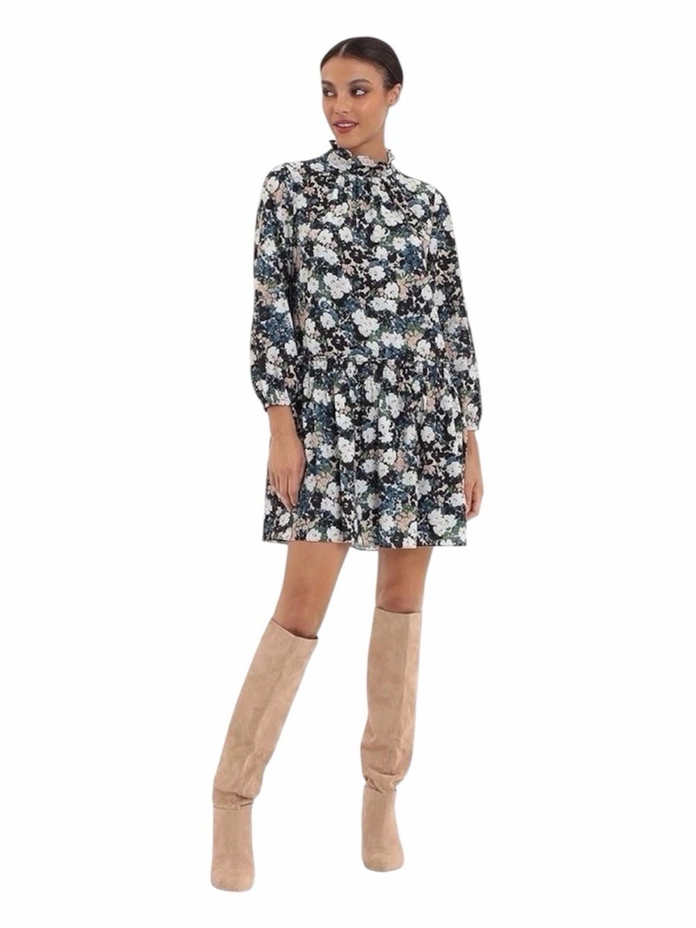 Donna Morgan Floral Mock Neck Mini Dress Long Sleeve Smocked Waist Size 6